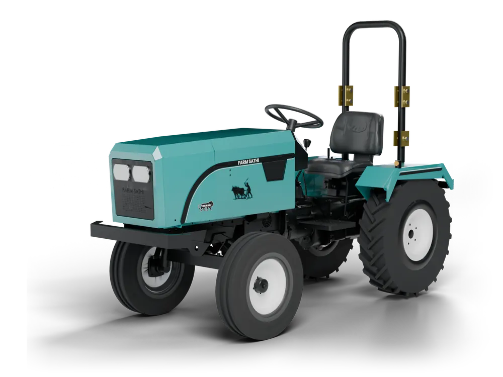 Farm Sathi electric tractor, front three-quarter view, with roll bar