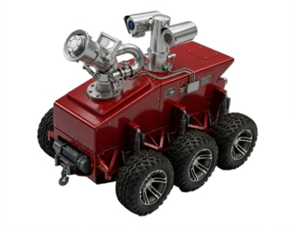 6x6 skid-steer fire-fighting rover with water monitor and thermal camera (production-intent concept)